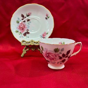 Royal Vale England Pink Red Rose Teacup Saucer Bone China